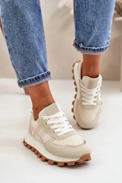 Sneakersy Buty Sportowe Damskie Sznurowane Na Platformie Beżowe Mialunae