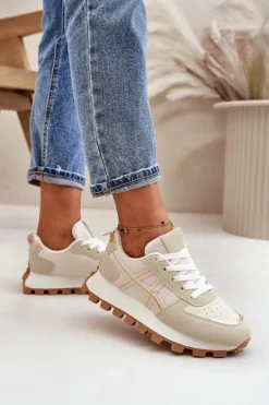 Sneakersy Buty Sportowe Damskie Sznurowane Na Platformie Beżowe Mialunae