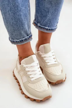 Sneakersy Buty Sportowe Damskie Sznurowane Na Platformie Beżowe Mialunae