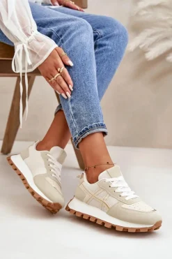 Sneakersy Buty Sportowe Damskie Sznurowane Na Platformie Beżowe Mialunae