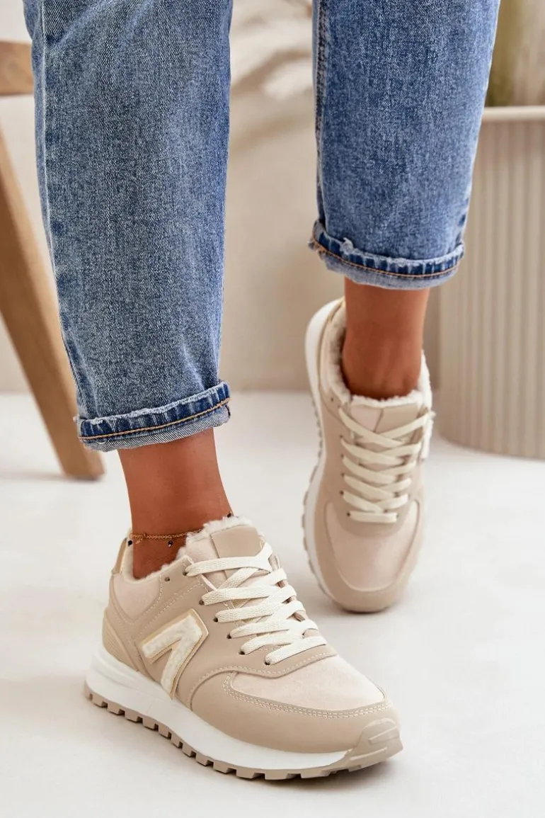 Sneakersy Buty Sportowe Damskie Ocieplane Kożuchem Beżowe Ciamara