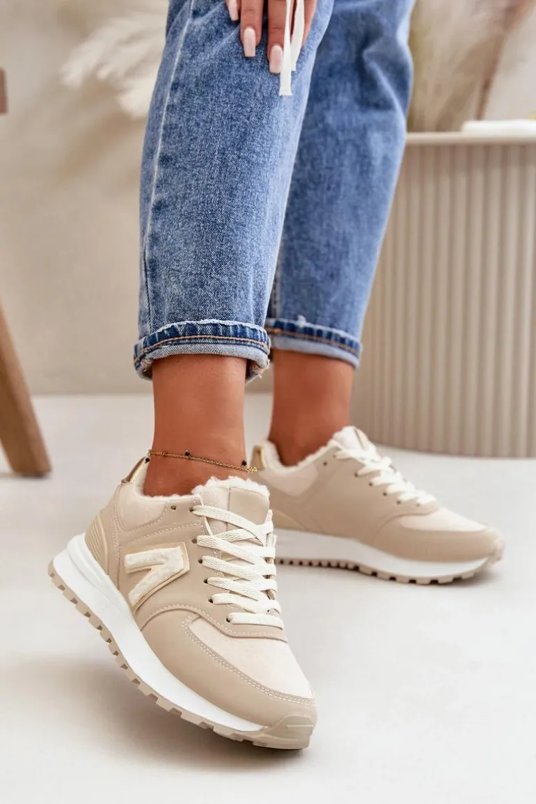 Sneakersy Buty Sportowe Damskie Ocieplane Kożuchem Beżowe Ciamara