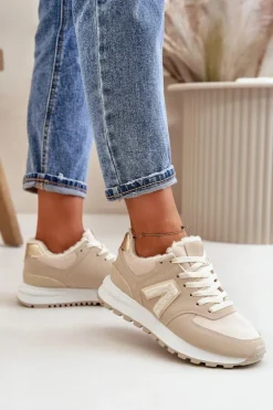 Sneakersy Buty Sportowe Damskie Ocieplane Kożuchem Beżowe Ciamara
