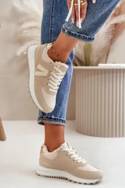 Sneakersy Buty Sportowe Damskie Ocieplane Kożuchem Beżowe Ciamara