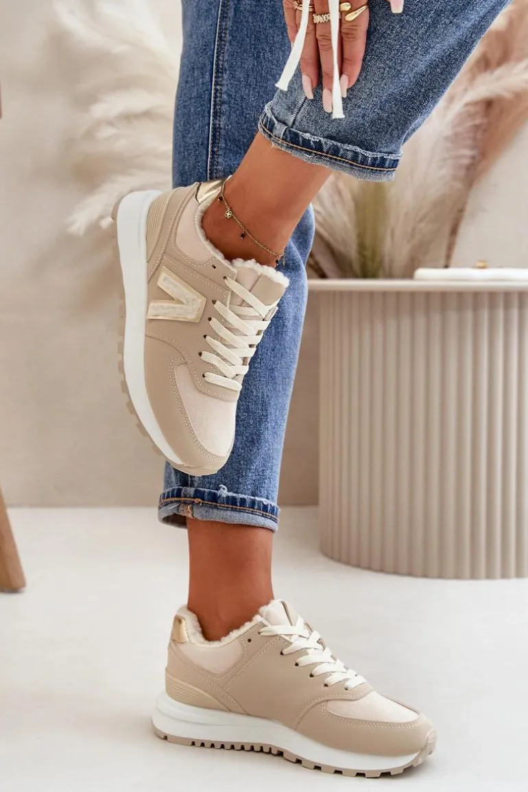Sneakersy Buty Sportowe Damskie Ocieplane Kożuchem Beżowe Ciamara