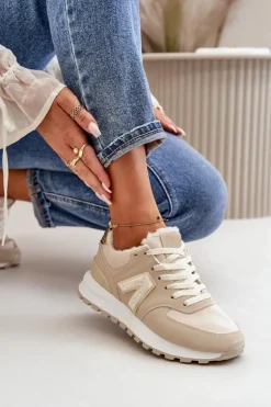 Sneakersy Buty Sportowe Damskie Ocieplane Kożuchem Beżowe Ciamara