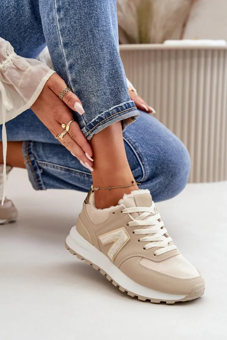 Sneakersy Buty Sportowe Damskie Ocieplane Kożuchem Beżowe Ciamara