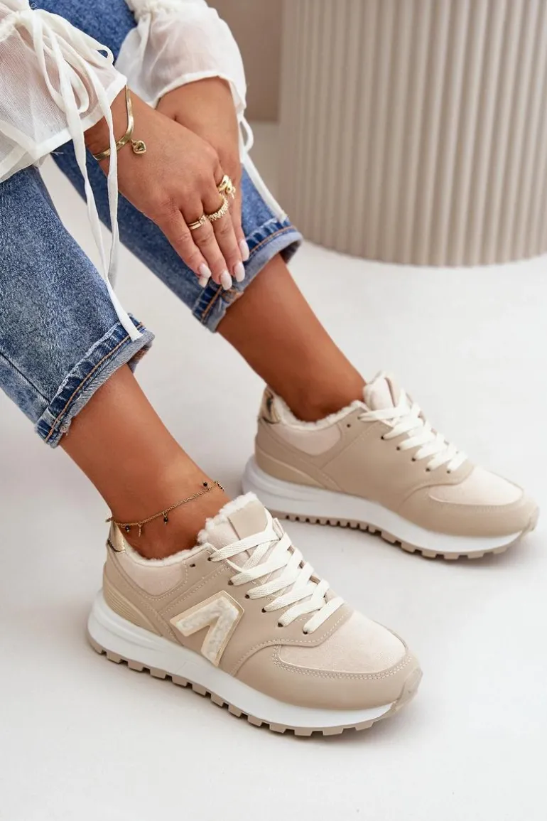 Sneakersy Buty Sportowe Damskie Ocieplane Kożuchem Beżowe Ciamara