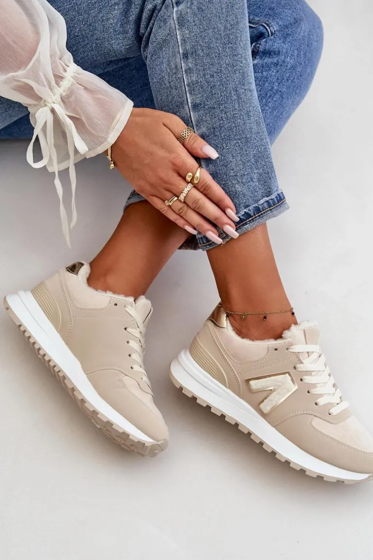 Sneakersy Buty Sportowe Damskie Ocieplane Kożuchem Beżowe Ciamara