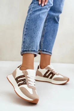 Sneakersy Buty Sportowe Na Platformie Panterka Damskie Beżowe Thari