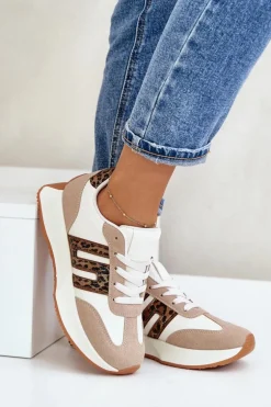 Sneakersy Buty Sportowe Na Platformie Panterka Damskie Beżowe Thari