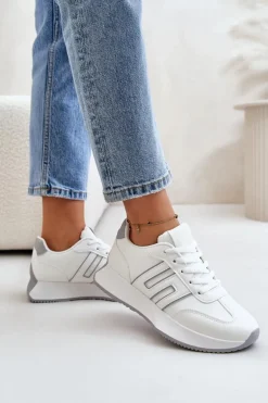 Sneakersy Buty Sportowe Na Platformie Damskie Biało-Szare Thari