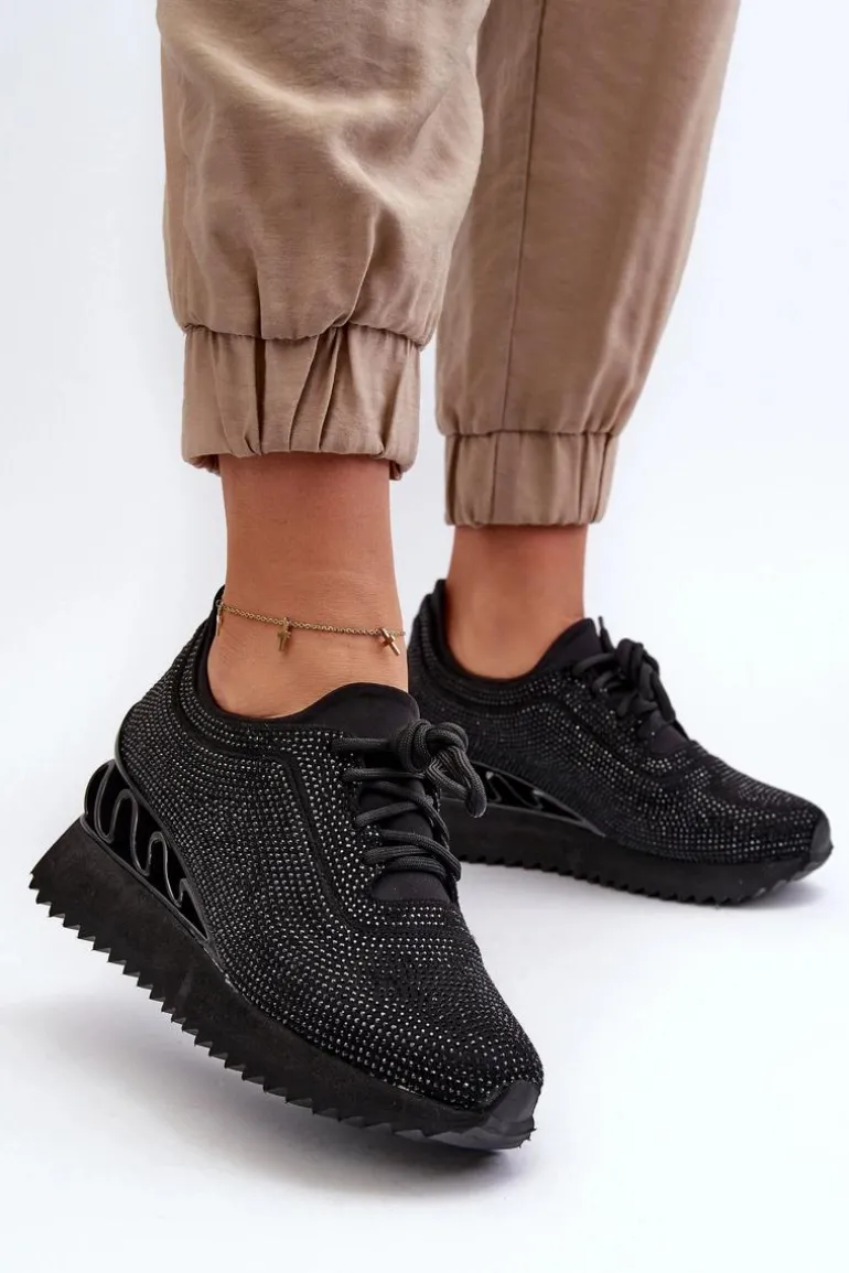Sneakersy Damskie Na Koturnie Zdobione Cyrkoniami D&A MR38-377 Czarne