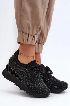 Sneakersy Damskie Na Koturnie Zdobione Cyrkoniami D&A MR38-377 Czarne