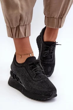 Sneakersy Damskie Na Koturnie Zdobione Cyrkoniami D&A MR38-377 Czarne