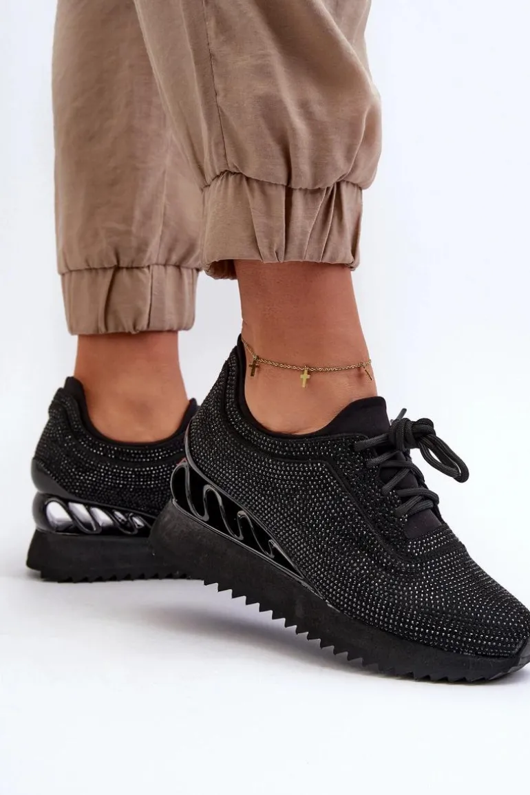 Sneakersy Damskie Na Koturnie Zdobione Cyrkoniami D&A MR38-377 Czarne