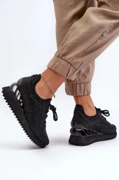 Sneakersy Damskie Na Koturnie Zdobione Cyrkoniami D&A MR38-377 Czarne