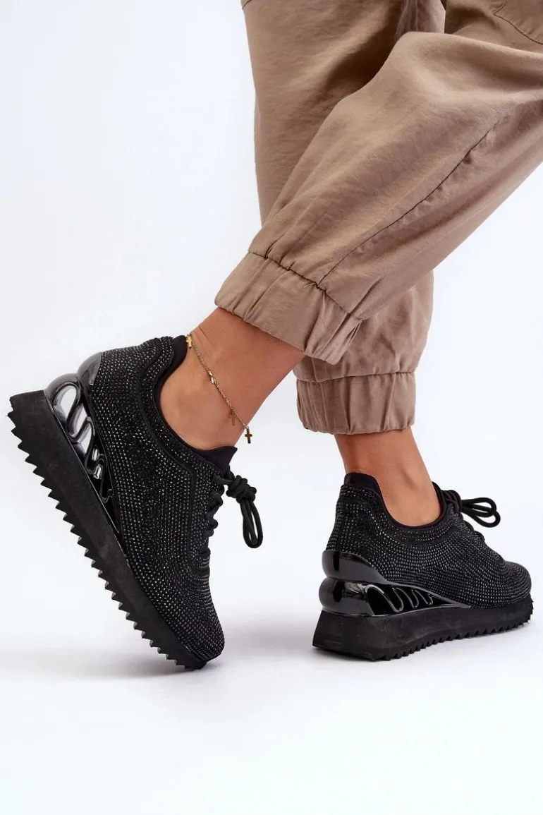 Sneakersy Damskie Na Koturnie Zdobione Cyrkoniami D&A MR38-377 Czarne