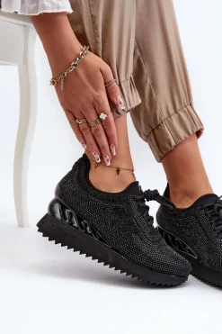 Sneakersy Damskie Na Koturnie Zdobione Cyrkoniami D&A MR38-377 Czarne