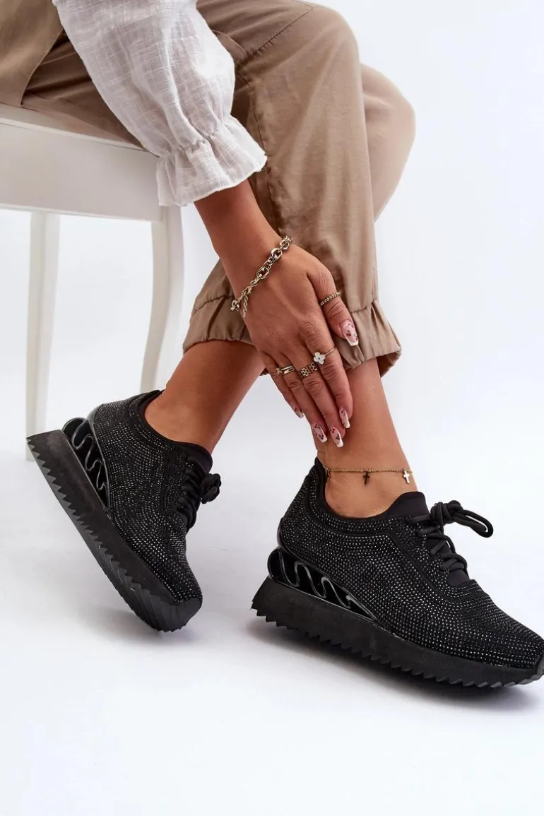 Sneakersy Damskie Na Koturnie Zdobione Cyrkoniami D&A MR38-377 Czarne