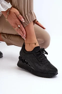 Sneakersy Damskie Na Koturnie Zdobione Cyrkoniami D&A MR38-377 Czarne