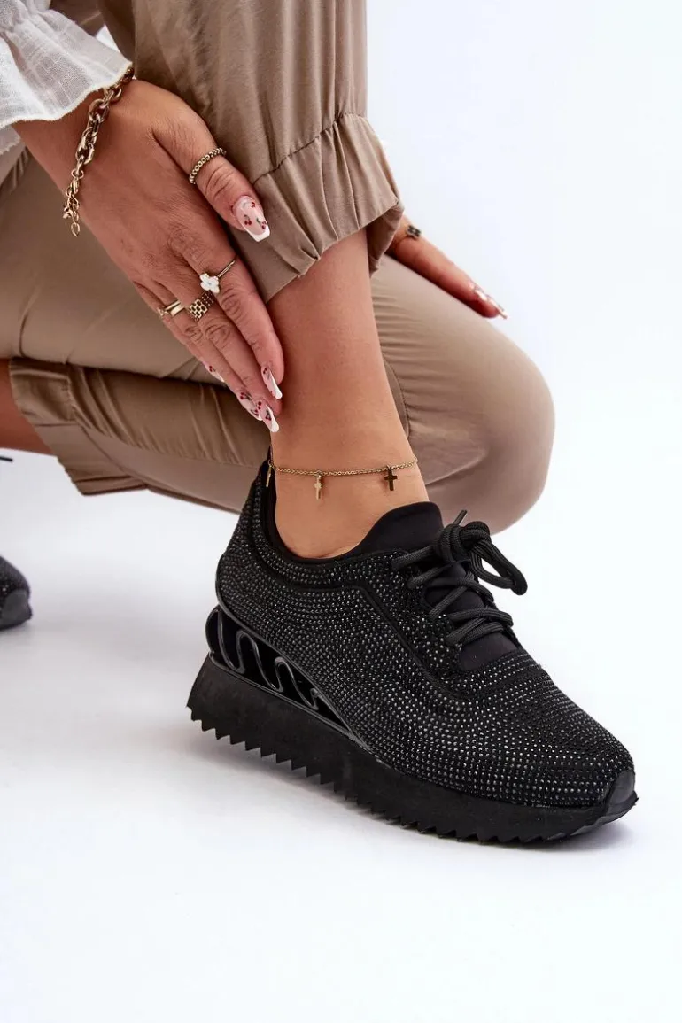Sneakersy Damskie Na Koturnie Zdobione Cyrkoniami D&A MR38-377 Czarne