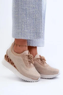 Sneakersy Damskie Na Koturnie Zdobione Cyrkoniami D&A MR38-377 Beżowe