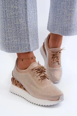 Sneakersy Damskie Na Koturnie Zdobione Cyrkoniami D&A MR38-377 Beżowe