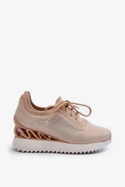 Sneakersy Damskie Na Koturnie Zdobione Cyrkoniami D&A MR38-377 Beżowe