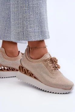 Sneakersy Damskie Na Koturnie Zdobione Cyrkoniami D&A MR38-377 Beżowe