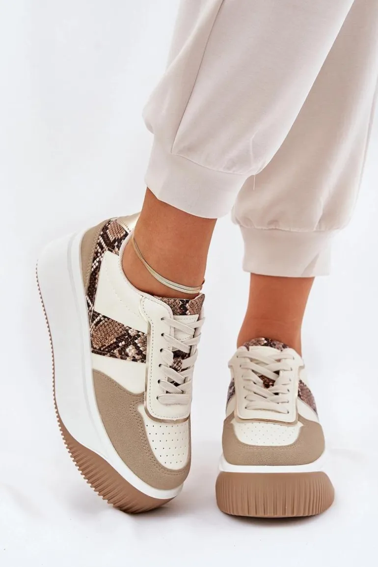 Sneakersy Damskie Na Masywnej Platformie Zwierzęcy Wzór Beżowe Telanila