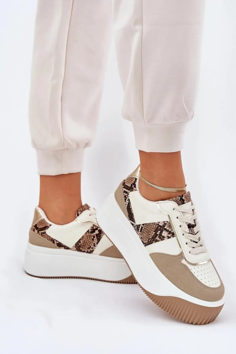 Sneakersy Damskie Na Masywnej Platformie Zwierzęcy Wzór Beżowe Telanila