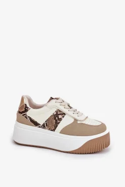 Sneakersy Damskie Na Masywnej Platformie Zwierzęcy Wzór Beżowe Telanila