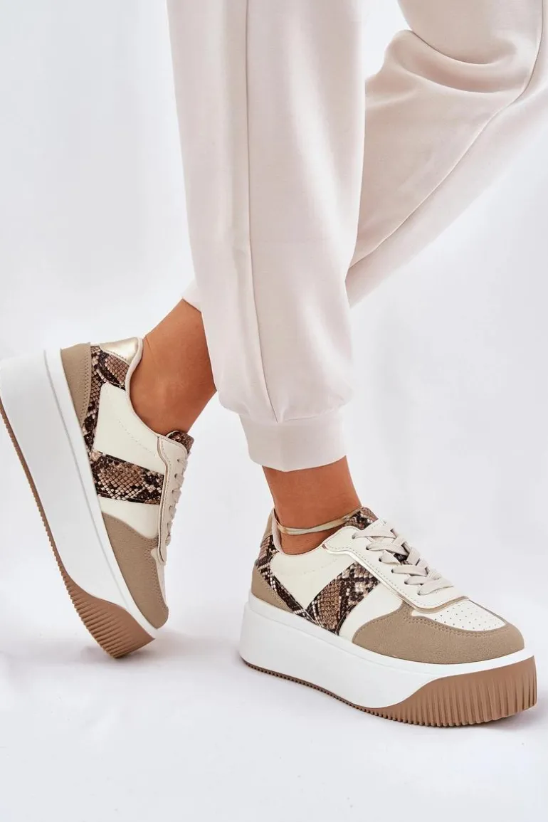 Sneakersy Damskie Na Masywnej Platformie Zwierzęcy Wzór Beżowe Telanila