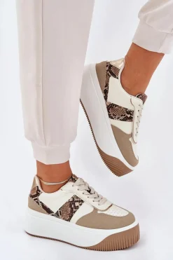 Sneakersy Damskie Na Masywnej Platformie Zwierzęcy Wzór Beżowe Telanila