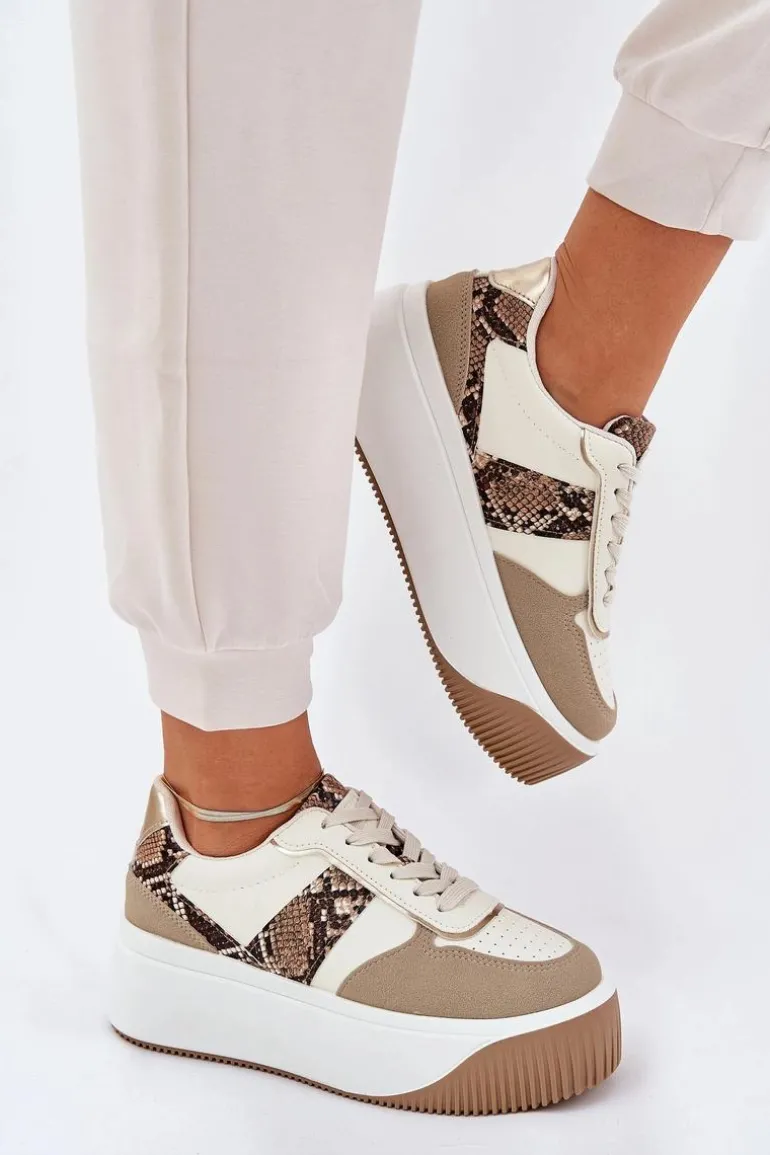 Sneakersy Damskie Na Masywnej Platformie Zwierzęcy Wzór Beżowe Telanila