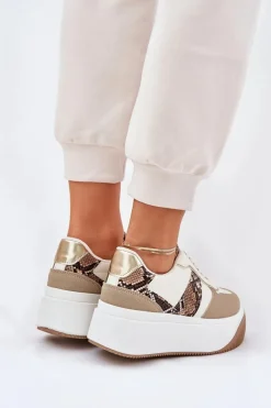 Sneakersy Damskie Na Masywnej Platformie Zwierzęcy Wzór Beżowe Telanila