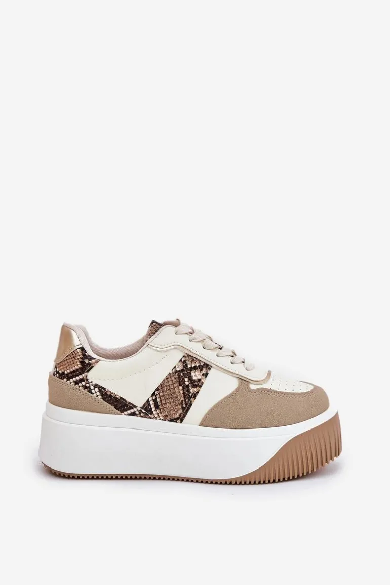 Sneakersy Damskie Na Masywnej Platformie Zwierzęcy Wzór Beżowe Telanila