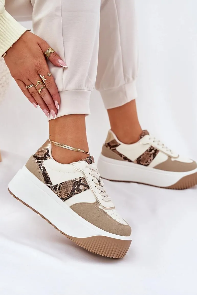 Sneakersy Damskie Na Masywnej Platformie Zwierzęcy Wzór Beżowe Telanila