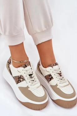 Sneakersy Damskie Na Masywnej Platformie Zwierzęcy Wzór Beżowe Telanila