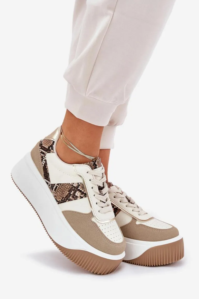 Sneakersy Damskie Na Masywnej Platformie Zwierzęcy Wzór Beżowe Telanila