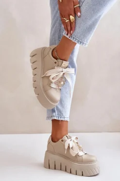 Sneakersy Damskie Na Masywnej Podeszwie Ze Złotą Ozdobą CheBello 4530 Beżowe