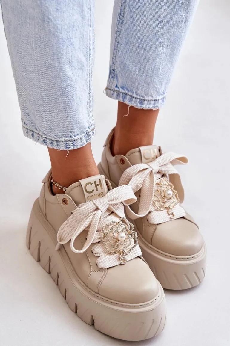 Sneakersy Damskie Na Masywnej Podeszwie Ze Złotą Ozdobą CheBello 4530 Beżowe