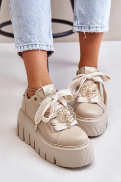 Sneakersy Damskie Na Masywnej Podeszwie Ze Złotą Ozdobą CheBello 4530 Beżowe