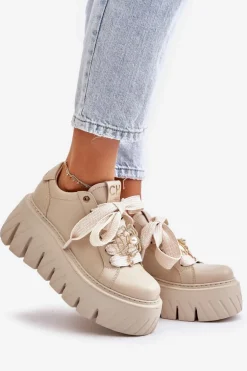 Sneakersy Damskie Na Masywnej Podeszwie Ze Złotą Ozdobą CheBello 4530 Beżowe