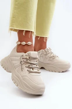 Sneakersy Damskie Na Masywnej Podeszwie Z Ozdobnym Sznurowaniem Beżowe Relissa