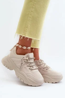 Sneakersy Damskie Na Masywnej Podeszwie Z Ozdobnym Sznurowaniem Beżowe Relissa