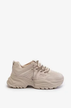 Sneakersy Damskie Na Masywnej Podeszwie Z Ozdobnym Sznurowaniem Beżowe Relissa