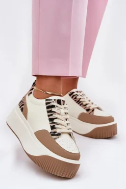 Sneakersy Damskie Na Masywnej Platformie Zebra Beżowe Tamorniel