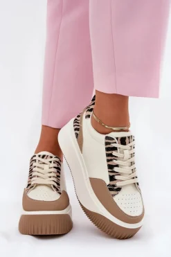 Sneakersy Damskie Na Masywnej Platformie Zebra Beżowe Tamorniel